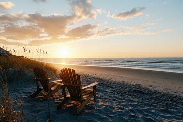 Adirondack chairs face a stunning sunset over the ocean, creating a peaceful atmosphere perfect for relaxation and enjoying nature's beauty.
