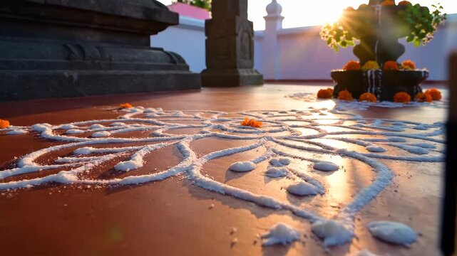 Intricate Rangoli Design Adorns a Traditional Courtyard, Reflecting Rich Indian Culture and Festive Celebrations at Sunrise