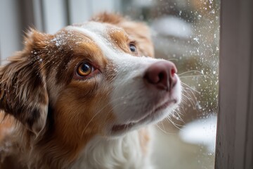 A dog looking out a window at snow