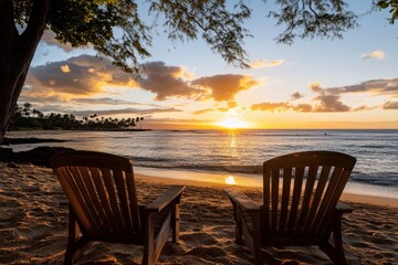 Two comfortable wooden chairs sit on the beach, offering breathtaking sunset views over gentle waves, embodying relaxation and connection with nature.