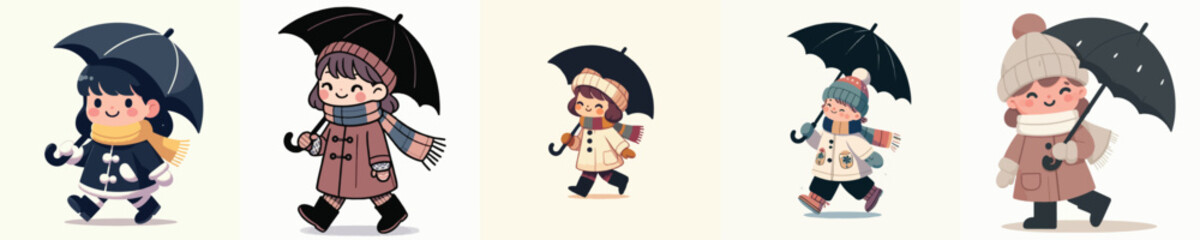 vector of a little girl walking with an umbrella in winter