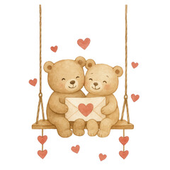 Cute watercolor teddy bear couple illustrations painted in soft pastel tones. Adorable bears showing sweet, loving poses on a clean white background, perfect for nursery art, Valentine cards, stickers