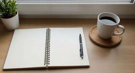 Cozy Workspace with Coffee and Notebook by the Window.