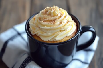A beautifully decorated cupcake topped with creamy frosting and delicate sprinkles, set inside a black cup that highlights the dessert's delightful appeal and artistic presentation.