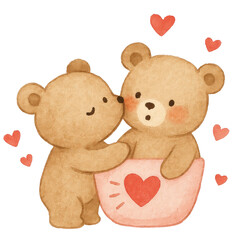 Cute watercolor teddy bear couple illustrations painted in soft pastel tones. Adorable bears showing sweet, loving poses on a clean white background, perfect for nursery art, Valentine cards, stickers