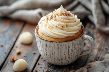 A rustic-styled cupcake presented in a textured mug, topped with fluffy frosting and light sprinkles, appealing visually with a warm and inviting kitchen ambiance.