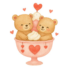 Cute watercolor teddy bear couple illustrations painted in soft pastel tones. Adorable bears showing sweet, loving poses on a clean white background, perfect for nursery art, Valentine cards, stickers