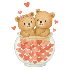 Cute watercolor teddy bear couple illustrations painted in soft pastel tones. Adorable bears showing sweet, loving poses on a clean white background, perfect for nursery art, Valentine cards, stickers