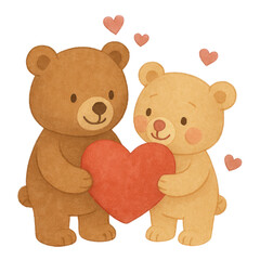 Cute watercolor teddy bear couple illustrations painted in soft pastel tones. Adorable bears showing sweet, loving poses on a clean white background, perfect for nursery art, Valentine cards, stickers