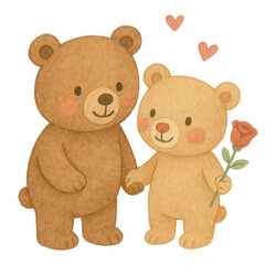 Cute watercolor teddy bear couple illustrations painted in soft pastel tones. Adorable bears showing sweet, loving poses on a clean white background, perfect for nursery art, Valentine cards, stickers