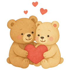 Cute watercolor teddy bear couple illustrations painted in soft pastel tones. Adorable bears showing sweet, loving poses on a clean white background, perfect for nursery art, Valentine cards, stickers