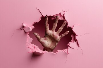 This image features a bloody hand breaking through a pink surface, symbolizing turmoil and fear while contrasting vibrant aesthetic with haunting visuals.