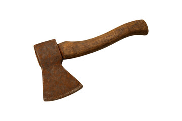 Rusty vintage axe with a worn wooden handle Vintage hand axe with, isolated on white background. Traditional cutting tool concept for woodworking, camping, survival, craftsmanship