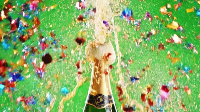 Close up of champagne bottle with cork and wire cage against a green screen background studio shot