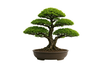 Obraz premium Beautiful bonsai tree in a ceramic pot isolated on a white background, showcasing lush green foliage and an elegant, sculpted trunk design