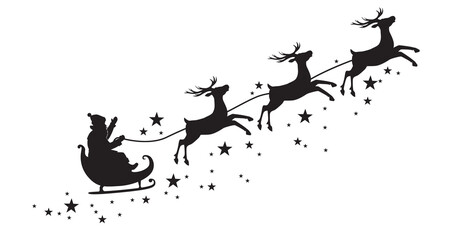 Naklejka premium Black silhouette of Santa Claus flying in a sleigh on a reindeer sleigh surrounded by stars. Illustration on a transparent background