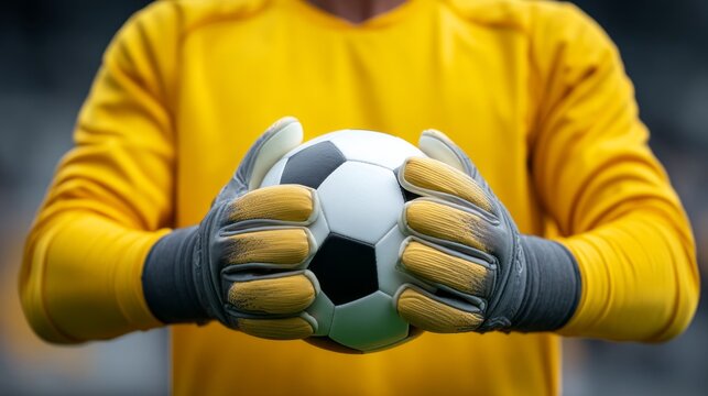A dedicated soccer goalkeeper in bright yellow gear holds a black and white soccer ball tightly. The focus is on his concentration as he stands ready for action on the field