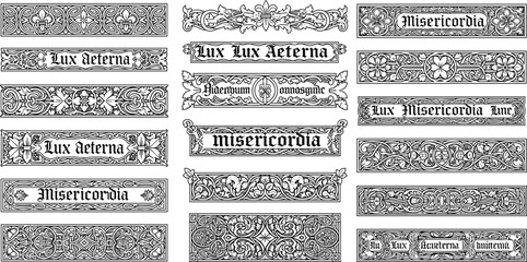 Medieval manuscript illumination, ornate decorative text panel, Latin phrase artwork, floral geometric border design, historical religious motif, vintage ornamental illustration