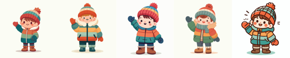 vector little boy waving hand in thick winter clothes