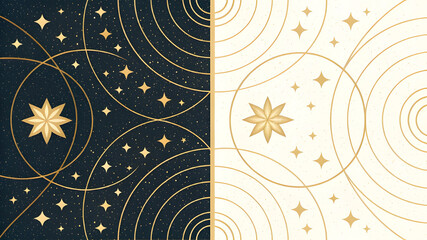 Cosmic yin yang with golden stars and swirling lines