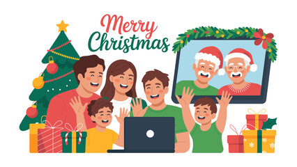 Festive Reunion: A family connects with loved ones through a video call, sharing the warmth of the holiday season, with a decorated tree and gift adding to the festive atmosphere. 