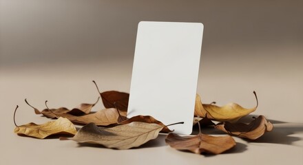 Minimalist White Card Mockup with Autumn Leaves - Clean and Seasonal Design.