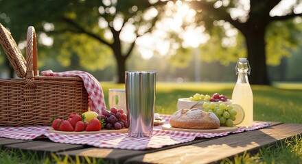 Idyllic Picnic Scene with Basket, Food, and Drink in Park.