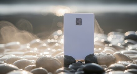 Minimalist White Device on Pebble Beach - A Study in Contrast.