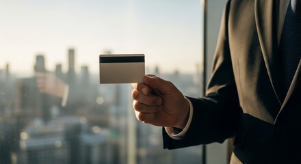 Businessman holding credit card with city skyline background.