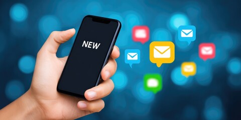 Smartphone notification message reminder concept mobile technology in a digital environment colorful bubbles surrounding a handheld device