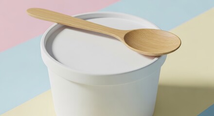 Minimalist Yogurt Container with Wooden Spoon on Colorful Background.