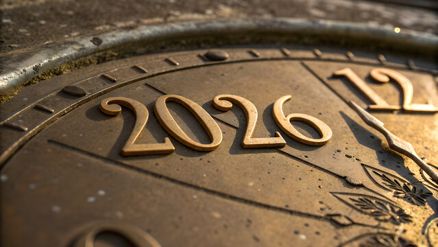 Stock photo of golden clock face displaying year twenty twenty six time concept and future countdown
