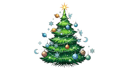 Obraz premium Magical Christmas tree decorated with planets and fairy lights, perfect for holiday greetings and festive designs bringing celestial charm to the season
