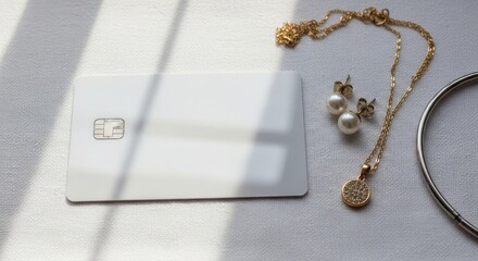 Elegant Still Life - Credit Card and Jewelry on White Surface.