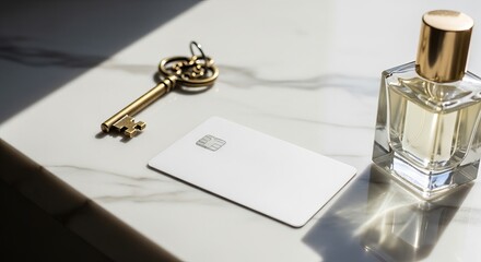 Elegant Essentials - Key, Card, and Perfume on Marble Surface.