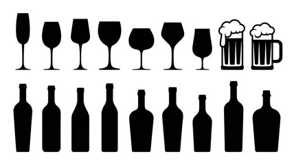A black and white illustration of a collection of wine and beer glassware and bottles arranged in two horizontal rows