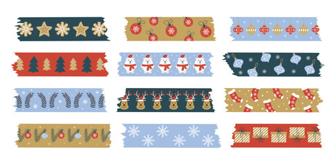 Set New Year's tape, Christmas sticky tape, elements for notes, scrapbooking. Torn pieces of patterned tape with ragged edges. Vector cartoon illustration.