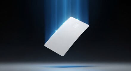 Blank Card Floating with Blue Light Rays in Dark.