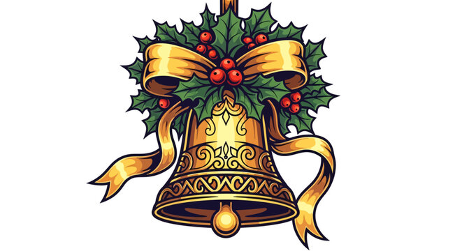 Celebrate the joyous season with a festive golden bell adorned with holly and a satin ribbon, perfect for holiday cards, invitations, and winter greetings