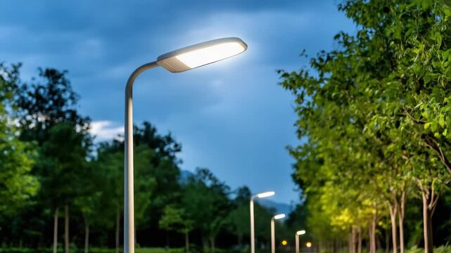 Modern led streetlight glowing along tree lined park path dusk with calm ambiance and soft sky glow