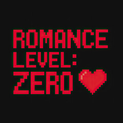 Obraz premium Retro pixel art graphic says 'Romance Level: Zero' with a red 8-bit heart on a black background. It's a humorous design for gamers, anti-Valentine's Day, celebrating independence with wit. V