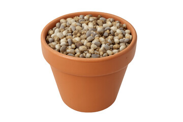 Terracotta plant pot filled with decorative pebbles on transparent background