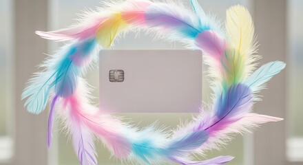 Enchanting Credit Card Presentation with Rainbow Feathers and Soft Lighting.