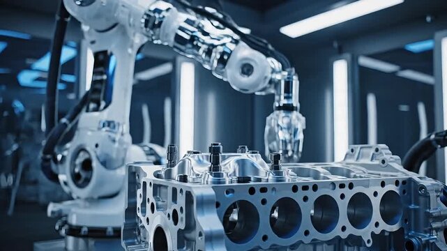 Precision robotic arm assembling engine block in modern automated factory environment, showcasing cutting edge technology and efficiency in manufacturing