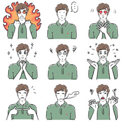 ポロシャツ男性の表情いろいろ　コミカル