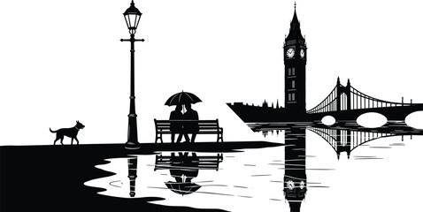 Fototapeta premium London romantic silhouette illustration, couple under umbrella dog walking Big Ben clock tower suspension bridge water reflection vector artwork