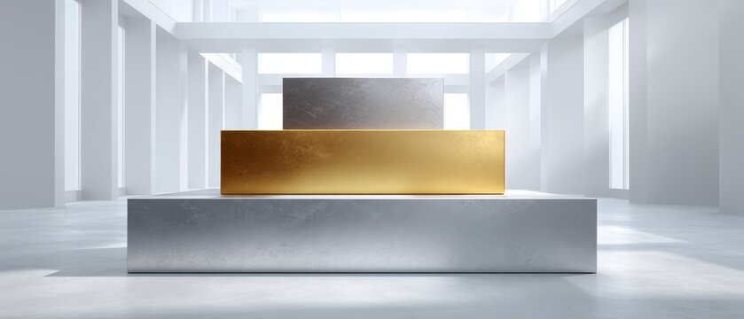 Minimalist Podium - Silver and Gold Geometric Shapes in Bright White Space.