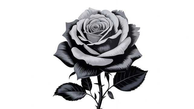 A black and white illustration of a single rose in full bloom against a white background with a subtle checkerboard pattern. - Powered by Adobe