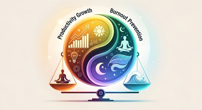 Productivity growth chart balancing against burnout prevention symbols, yin-yang style visualization