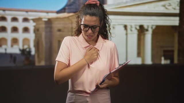Woman wearing glasses and pink shirt holding clipboard with hand to chest in studio; anxiety focus preparation.